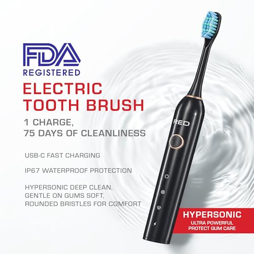 Red by Kiss Hypersonic Electric Toothbrush - 4 Cleaning Modes, 75-Day Battery, USB-C Charging