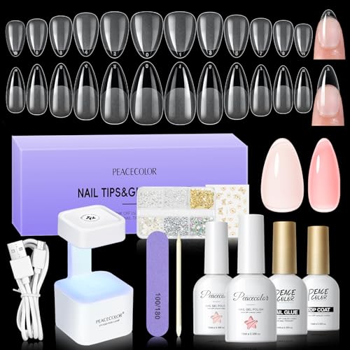 PEACECOLOR Short Medium Almond Gel Nail Tips Kit with 240pcs & Nail Art Supplies