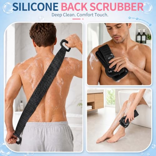Extendable 36'' Silicone Back Scrubber for Shower - Black