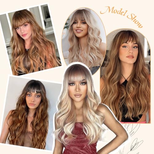 Wig with Bangs Long curly wavy Wigs for Women 26IN
