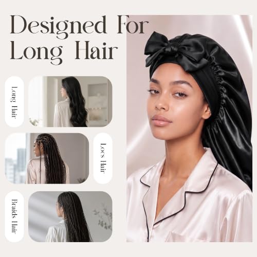 ZAVIDE Extra-Long Satin Sleep Bonnet with Adjustable Tie Band for Hair