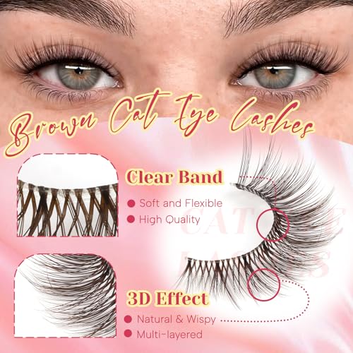 Ahrikiss Ethereal Brown Cat Eye Lashes Kit - Natural Look, 8 Pairs with Glue & Tweezers