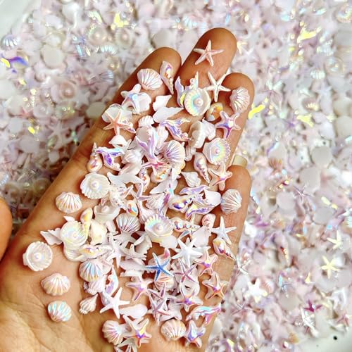 SHUXILIN Silver Beach Nail Rhinestones & Shell Charms 150pcs Summer Manicure Decor