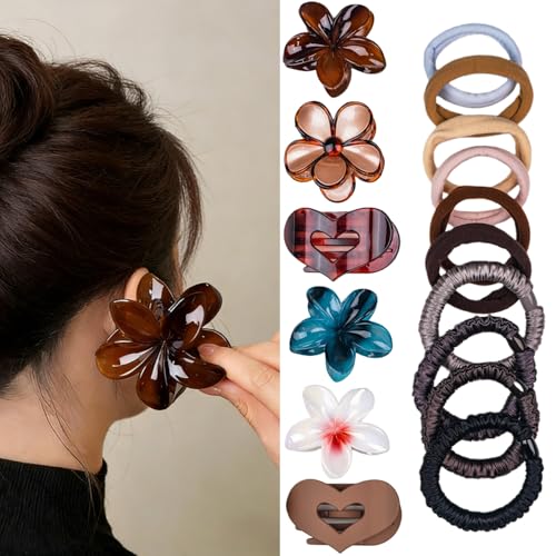 Premium 16-Piece Hair Accessories Set for Women Gray - 6 Claw Clips & 10 Elastic Hair Ties
