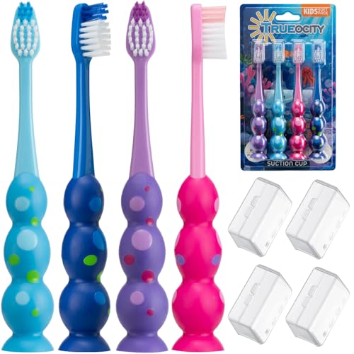 Trueocity Kids Toothbrush Set - 4 Soft Bristle Brushes with Suction Cup
