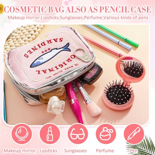 Reginary Pink Sardine Makeup Bag with Folding Mirror & Brush Set