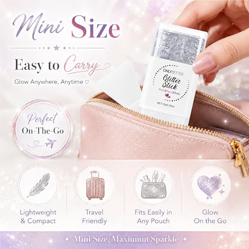 ONLYBETTER Silver White Glitter Stick for Body Face Hair Makeup - Multi-Use Holographic Glitter
