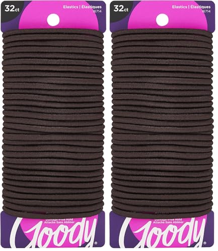 Goody Ouchless Brown Hair Elastics, 32 Count (Pack of 2) - 4mm for Medium Hair
