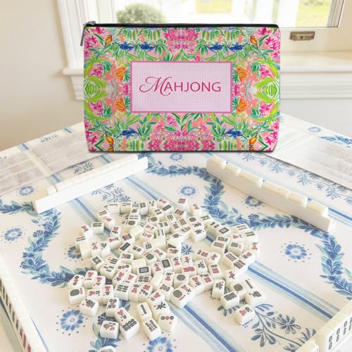 Blue Leaves Mahjong Tile Bag - Portable Canvas Carrying Case for Tiles