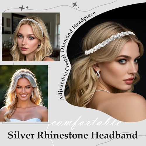 Aprince Silver Rhinestone Headband for Women - Adjustable Crystal Headpiece