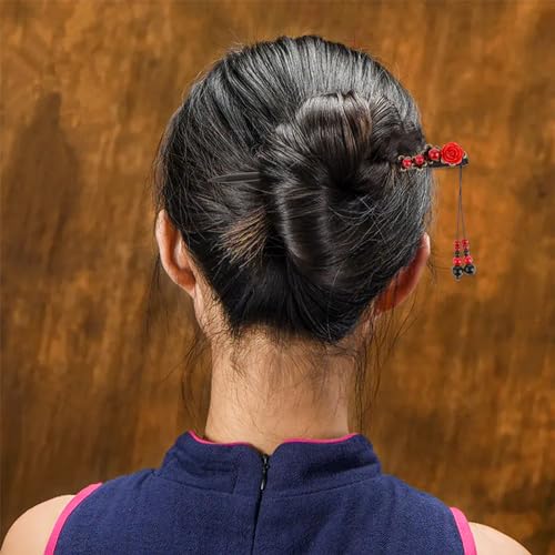 2 Pack Retro Chinese Hair Sticks with Red Flower Design