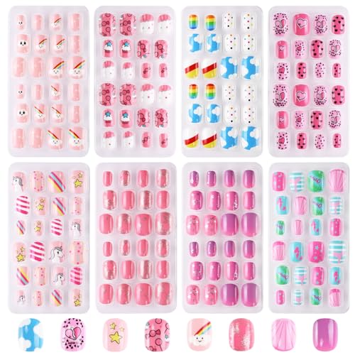 Jsiallye 192Pc short Press on Nails for Kids,8 Packs Children Stick