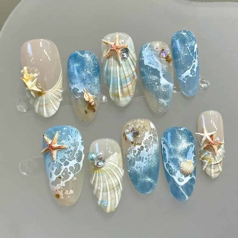 Almond Medium Press-On Nails - 30Pcs Blue Sea French Acrylic Set | 3D Cat Eye Design for Women