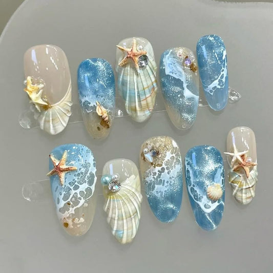 Almond Medium Press-On Nails - 30Pcs Blue Sea French Acrylic Set | 3D Cat Eye Design for Women