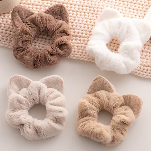 4-Pack Plush Cat Ear Hair Scrunchies for Girls & Women