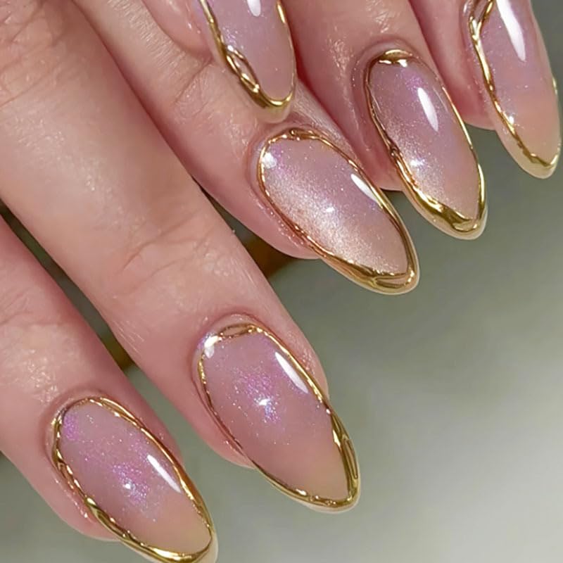 Cat Eye French Tip Press-On Nails - Nude & Pink Short Almond | Reusable Glue-On Nails with Gold Line for Weddings & Parties