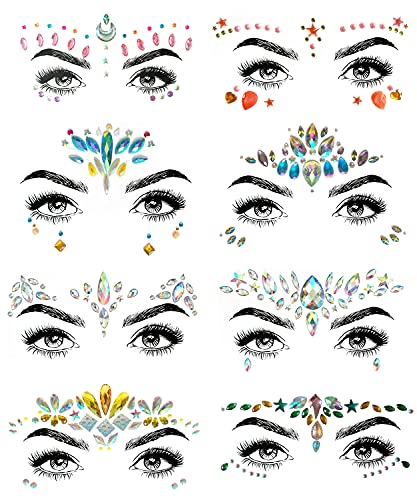 8 Pcs Mermaid Face Gems Glitter Stickers No.02 for Rave & Festivals