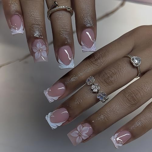 24Pcs White French Tip Press On Nails with 3D Flowers & Rhinestones