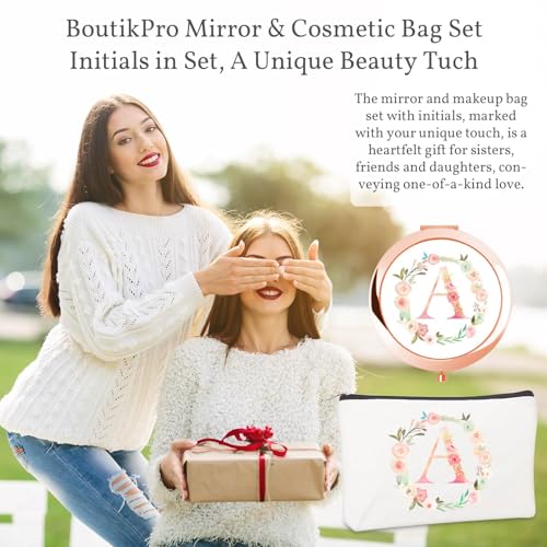 Rose Gold Personalized Initial Compact Mirror & Makeup Bag Set - Custom Gift for Women