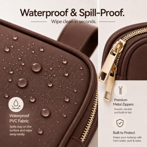 KUOSHI Brown Travel Makeup Bag - Large Waterproof Cosmetic Organizer with Dividers