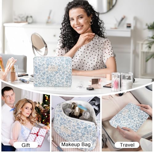 Gosect 2PC Blue Floral Makeup Bag Set for Women Girls Travel Cosmetic Organizer