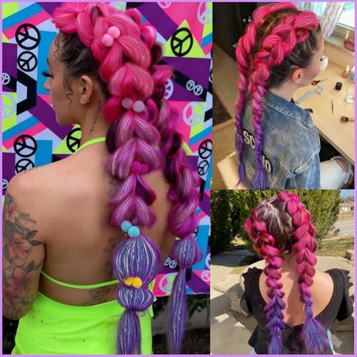 PreAfriBr Ombre Pink/Purple Tinsel Braiding Hair 26 Inch Pre Stretched Box Braids 2 Pack