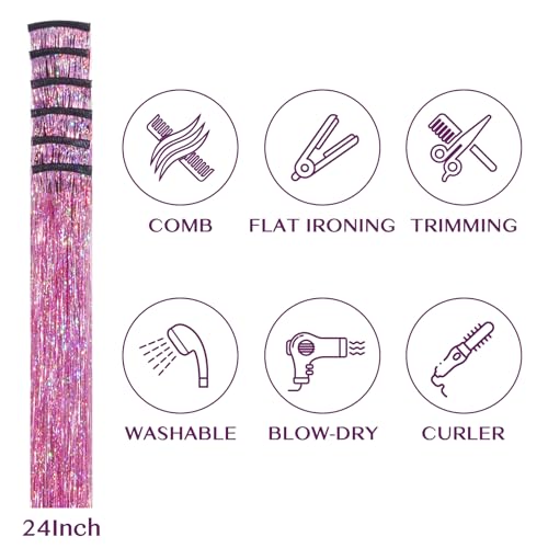 Pink Sparkle Clip-In Hair Tinsel Extensions 24 Inch for Long Hair - 6pcs