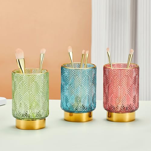 Green Makeup Brush Holder Organizer Glass with Gold Base - Multifunctional Vanity Storage