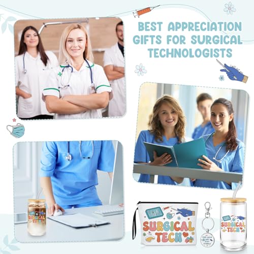 Kacctyen Surgical Tech Gifts Set - 3 pcs Appreciation Makeup Bag, Glass Cup, Keychain