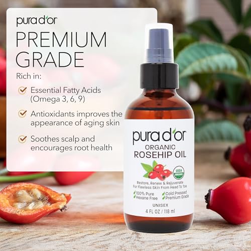 PURA D'OR ORGANIC Rosehip Seed Oil 100% Pure Cold Pressed USDA Certified For Hair, Skin, Scalp, Anti Aging Face & Body - Hexane Free Glass Bottle - 4 Oz - Hair Regrowth Tonic