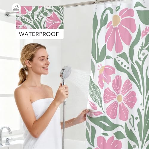Mocsicka Boho Floral Shower Curtain - Pink 71x71 Inch, Waterproof