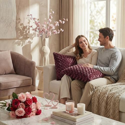 FUTEI Pack of 2 Burgundy Rose Textured Throw Pillow Covers 18x18