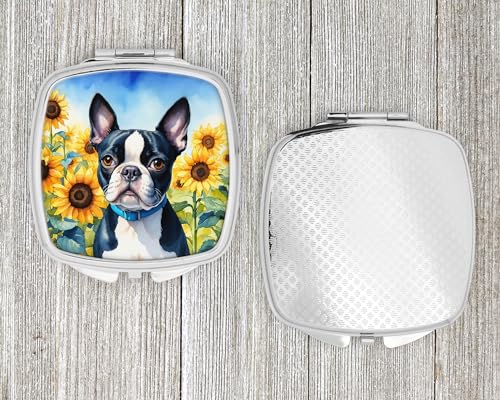 Boston Terrier Sunflowers Compact Mirror - Metal Travel Makeup Mirror