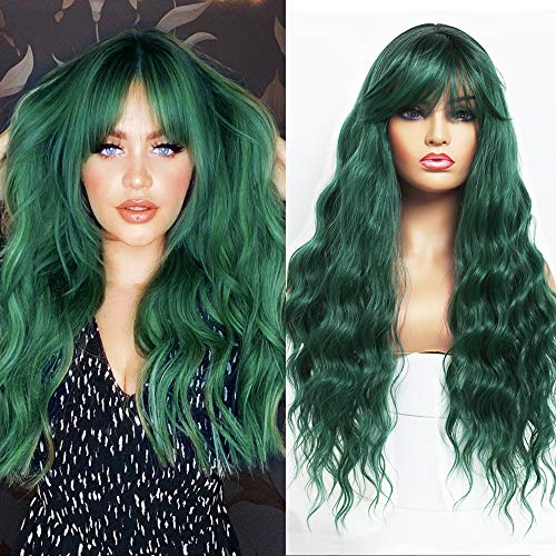 ANDRIA 26 Inch Ombre Green Wavy Wig with Bangs - Synthetic Heat Resistant Hair