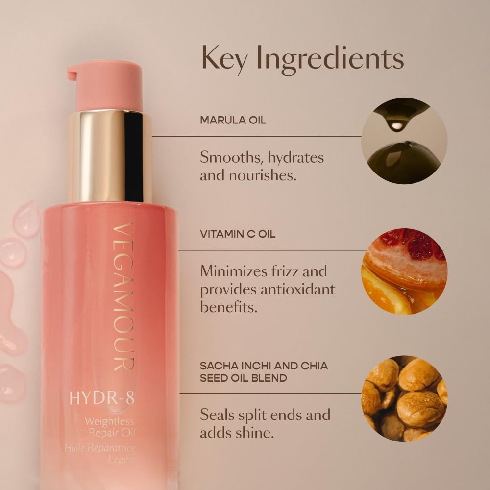Vegamour Hydr-8 Weightless Repair Oil - Strengthens & Smooths Hair with Marula Oil & Vitamin C | All Hair Types, Vegan, Cruelty-Free