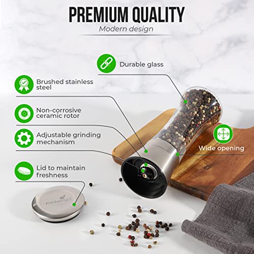 Kitchen-GO 7.5-Inch Stainless Steel Pepper Grinder - Adjustable Coarseness for Fresh Spices