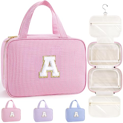 TOPEAST Pink Hanging Toiletry & Makeup Bag - Personalized Initial Pouch