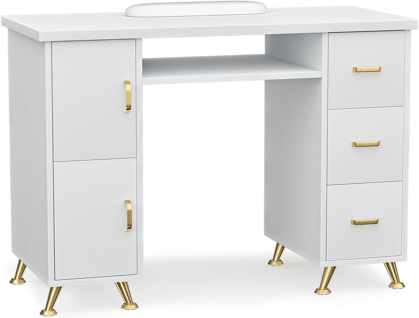 Manicure Table - Durable Nail Desk with 3 Drawers & 2 Cabinets | Acetone-Resistant, Versatile Salon Station (White-Gold)