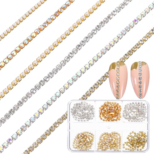 Metal Nail Art Chains for DIY Manicure - 6 Strips of Luxury Pearl & Gem Designs