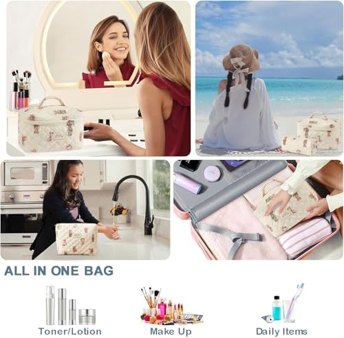 3 Pcs Floral Cotton Makeup Bag Set - Aesthetic Travel Organizer (Bear)
