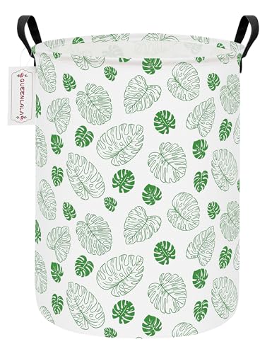 QUEENLALA Large Foldable Round Storage Basket - Waterproof, Green Leaf