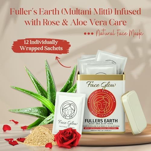 Pride Of India Fuller's Earth Powder with Rose & Aloe Vera - 12 Sachets, Reusable Applicator & Tray, Natural Face Mask for Radiant Skin