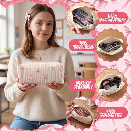 Dansydaisy Beige Coquette Makeup Bag with Pink Bow Zipper
