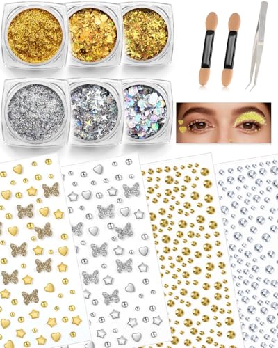 Maffuno Gold & Silver Face & Body Glitter Set with Gems for Women, 6 Glitter Gels & 4 Adhesive Sticker Sheets