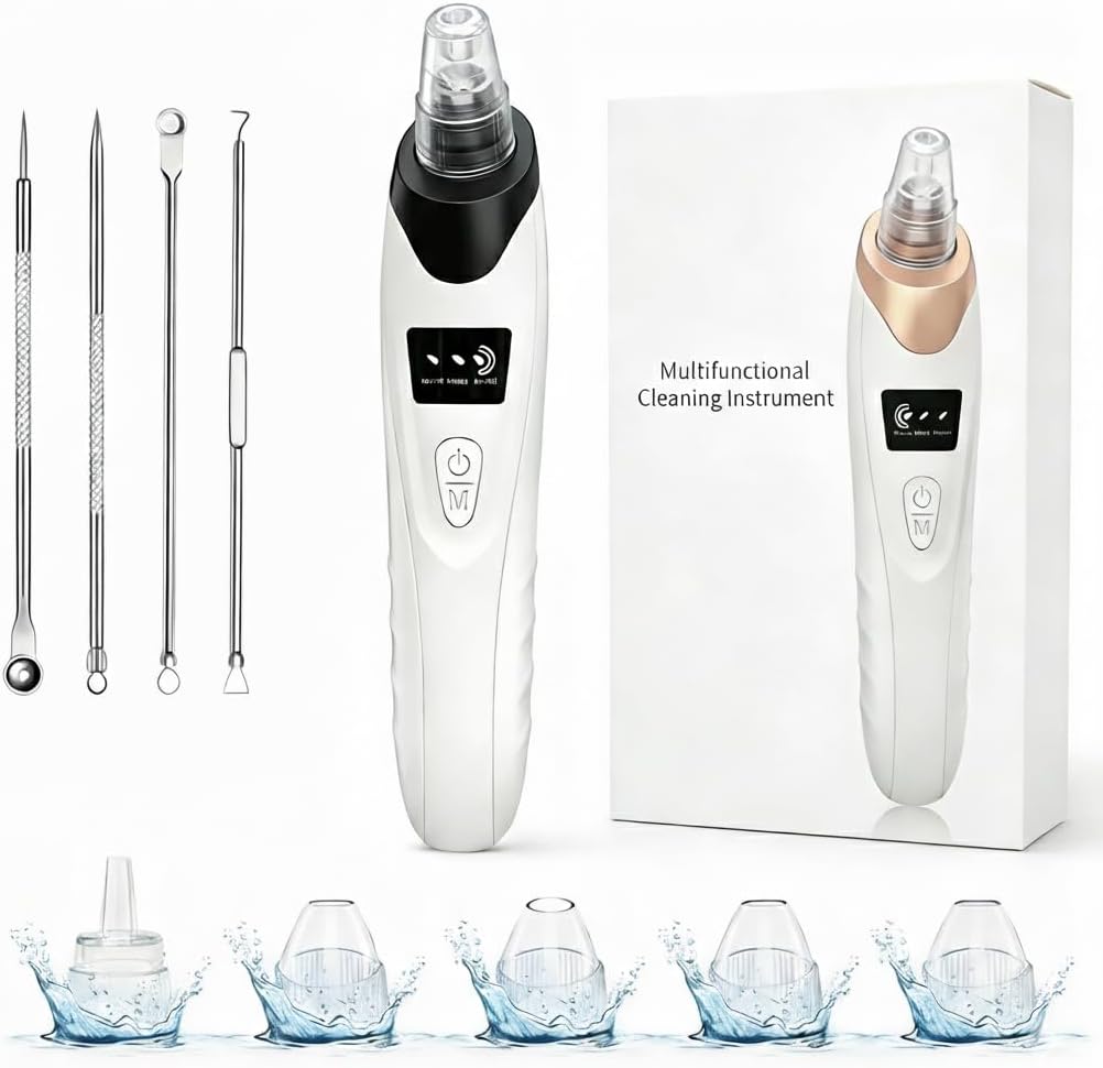Blackhead Remover Vacuum - 9-in-1 Pore Cleaner Kit with 5 Probes & 4 Extractor Tools | Professional Facial Suction Tool (Black)