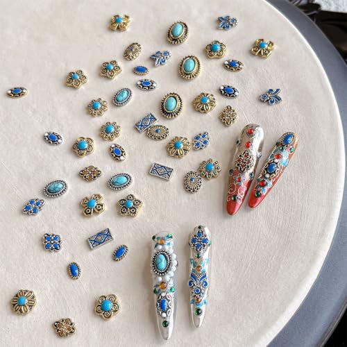 20Pcs Western Nail Charms Retro Metal Turquoise Art Rhinestones 3D