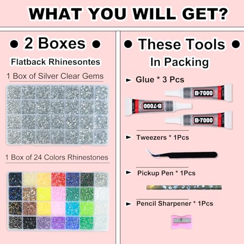 BAOYAALIN 2 Boxes Rhinestones Kit with 3Pcs 10ml B7000 Glue, Multicolor 28 Colors + Silver Clear 2–6mm