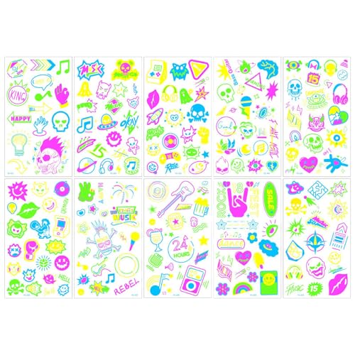 Glow in the Dark Temporary Tattoos - 10 Sheets UV Reactive Neon Designs