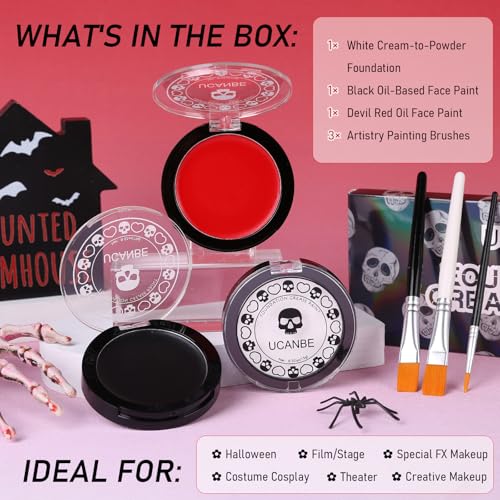 UCANBE Halloween Face Body Paint Set - Black, White & Red Makeup Kit with Brushes