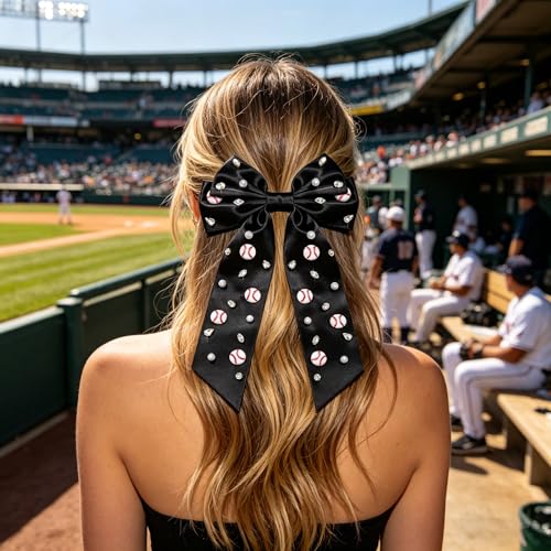 NVENF Rhinestone Baseball Hair Bow Clip - Large Satin Game Day Accessory